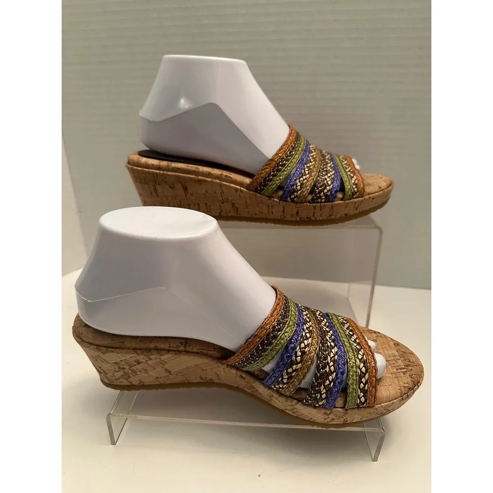 Eric Javits Multi Color Woven Cork Wedge Sandals Slides Brown Green Blue